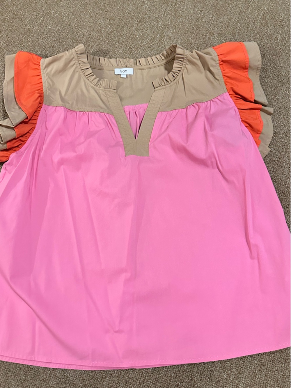 VOY Pink Colorblock Ruffle Sleeve Women's Top